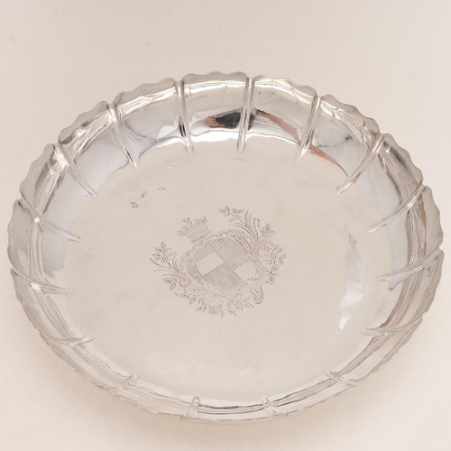 248 - A GEORGE III IRISH STRAWBERRY DISH. of shallow circular form, with a shaped & fluted rim  and engrav... 