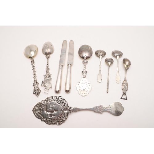 25 - CONTINENTAL/ FOREIGN FLATWARE & CUTLERY:-. a pair of knives, a serving slice and 7 various spoons, m... 