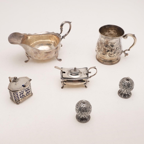 252 - A MIXED LOT:-. a George II baluster mug, with later-decoration, crested & initialled, marks worn, tw... 