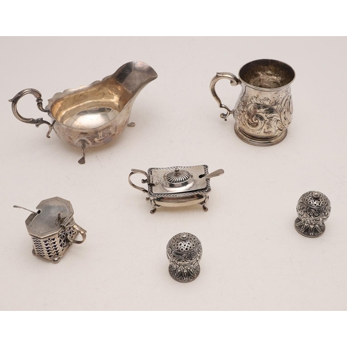 252 - A MIXED LOT:-. a George II baluster mug, with later-decoration, crested & initialled, marks worn, tw... 