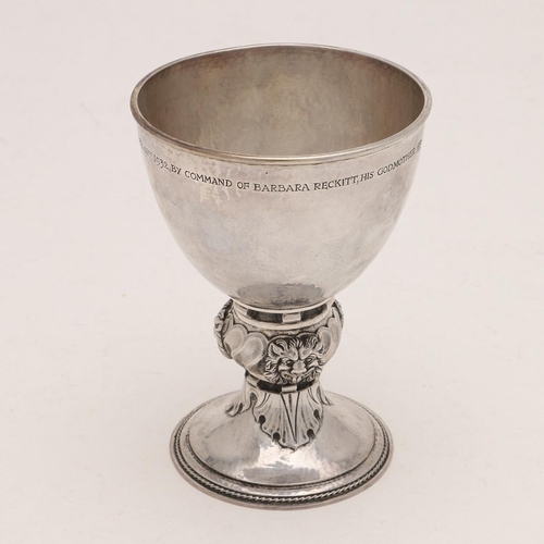 278 - A GEORGE V ARTS & CRAFTS GOBLET, BY OMAR RAMSDEN. with an inscription relating to a christening just... 