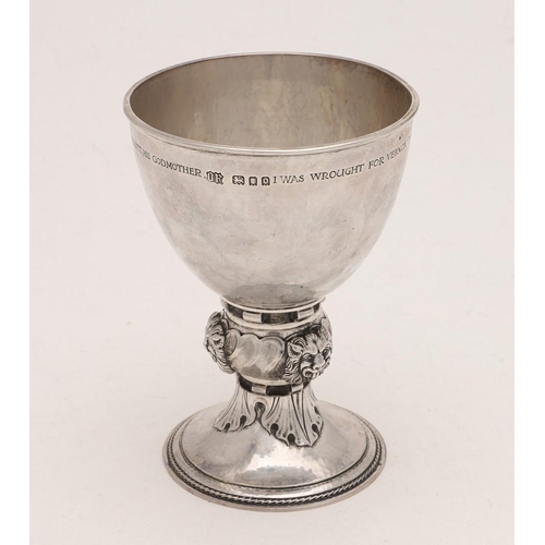 278 - A GEORGE V ARTS & CRAFTS GOBLET, BY OMAR RAMSDEN. with an inscription relating to a christening just... 