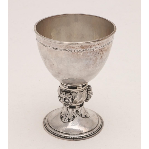 278 - A GEORGE V ARTS & CRAFTS GOBLET, BY OMAR RAMSDEN. with an inscription relating to a christening just... 