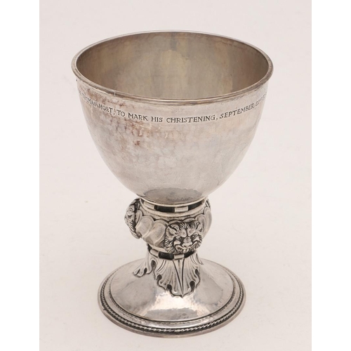 278 - A GEORGE V ARTS & CRAFTS GOBLET, BY OMAR RAMSDEN. with an inscription relating to a christening just... 