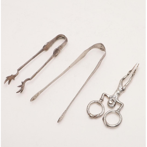 28 - A PAIR OF LATE 18TH/ EARLY 19TH CENTURY IRISH SUGAR TONGS. with Bright-cut engraving, marks worn & d... 