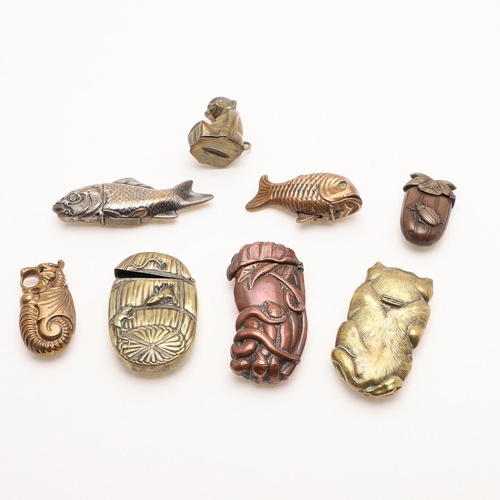 296 - SEVEN VARIOUS LATE 19TH/ EARLY 20TH CENTURY JAPANESE VESTA CASES. an octopus, two fish, a seahorse, ... 