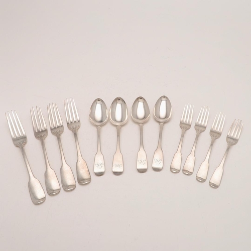 30 - YORK FIDDLE FLATWARE:-. 3 table forks, by James Barber 1848, 3 dessert spoons, by James Barber & Wil... 