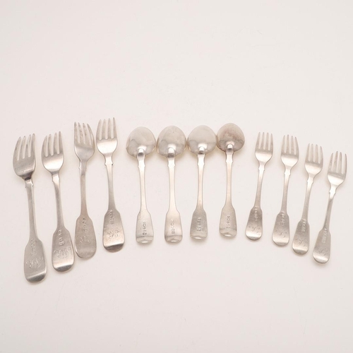 30 - YORK FIDDLE FLATWARE:-. 3 table forks, by James Barber 1848, 3 dessert spoons, by James Barber & Wil... 