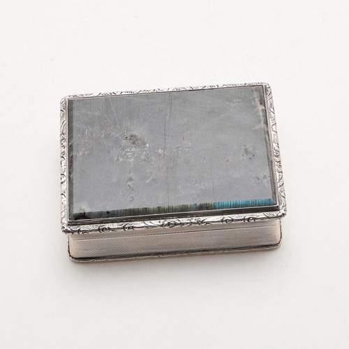 326 - A GEORGE VI RECTANGULAR SNUFF BOX. with floral scroll borders, the hinged cover inset with a panel o... 