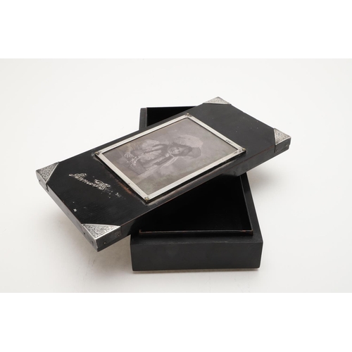 341 - AN EDWARDIAN MOUNTED WOODEN HANDKERCHIEF BOX. rectangular form, with an ebonised finish, engraved & ... 