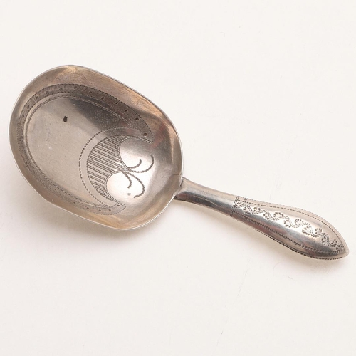 A GEORGE III CADDY SPOON. with a pointed stem and engraved decoration ...