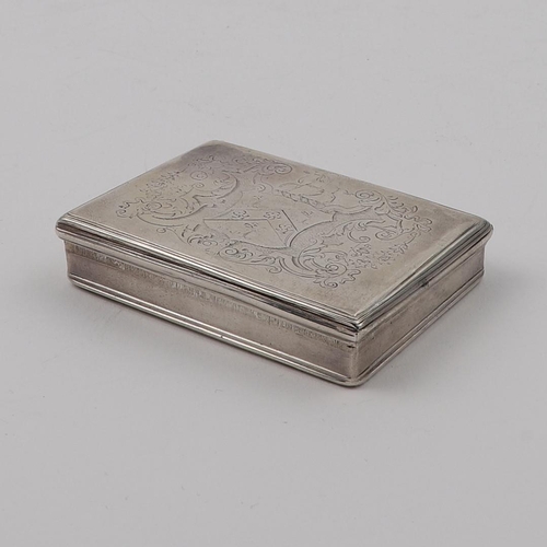 354 - A RECTANGULAR ENGRAVED SNUFF BOX. the cover with a coat of arms in a foliate scroll surround, inscri... 