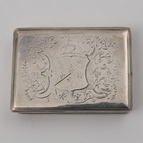 354 - A RECTANGULAR ENGRAVED SNUFF BOX. the cover with a coat of arms in a foliate scroll surround, inscri... 