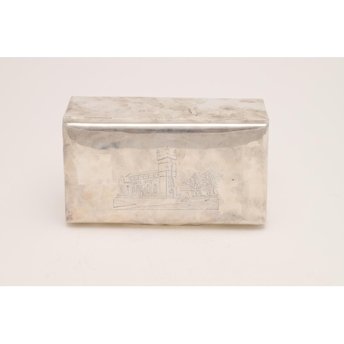 363 - AN EDWARDIAN RECTANGULAR CIGARETTE BOX. engraved with a church or abbey on the cover, by Fenton, Rus... 