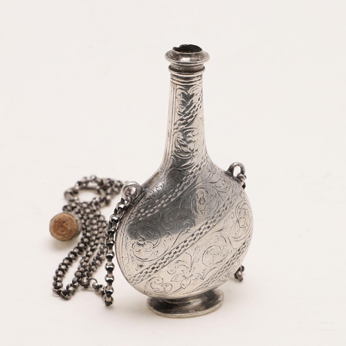 367 - A SMALL ENGRAVED SCENT FLASK. in the form of a pilgrim flask, with a domed stopper secured by a chai... 