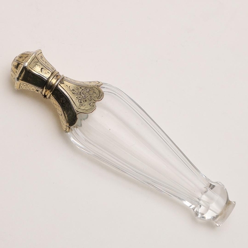 368 - A 19TH CENTURY CASED FRENCH SILVERGILT MOUNTED CUT GLASS SCENT BOTTLE. waisted form with faceted sid... 