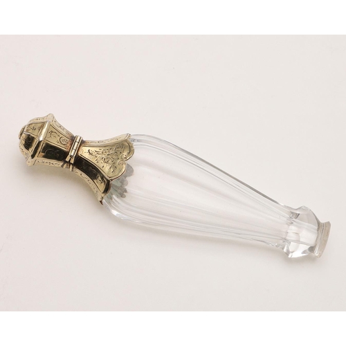 368 - A 19TH CENTURY CASED FRENCH SILVERGILT MOUNTED CUT GLASS SCENT BOTTLE. waisted form with faceted sid... 