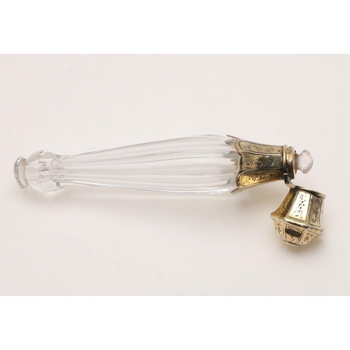 368 - A 19TH CENTURY CASED FRENCH SILVERGILT MOUNTED CUT GLASS SCENT BOTTLE. waisted form with faceted sid... 