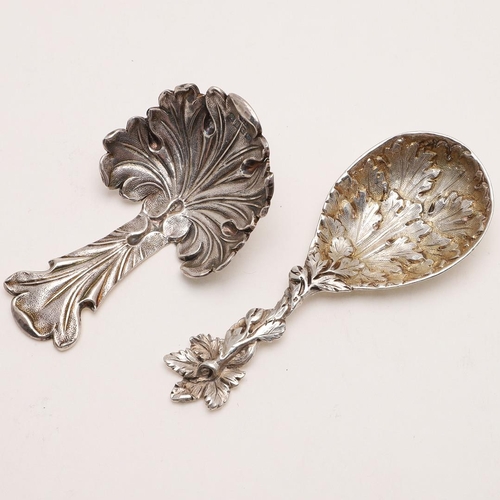 37 - TWO VICTORIAN NATURALISTIC CADDY SPOONS. one Birmingham-made, with a shaped bowl, by John Tongue (pr... 