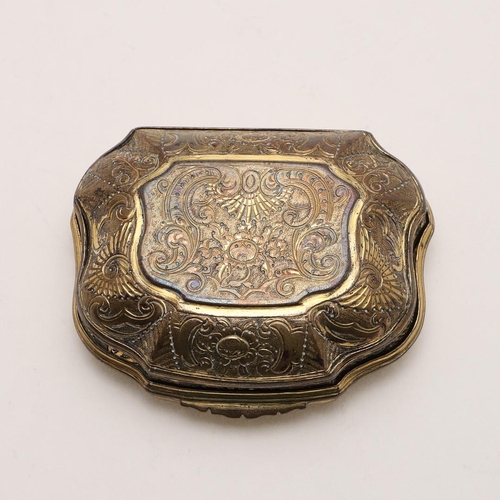 370 - A GEORGE II GILT-COPPER SNUFF BOX. cartouche form, with reeded borders, the cover inset with a panel... 