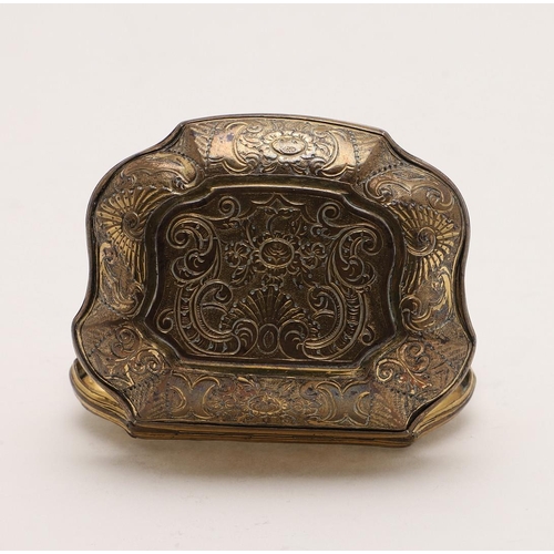 370 - A GEORGE II GILT-COPPER SNUFF BOX. cartouche form, with reeded borders, the cover inset with a panel... 