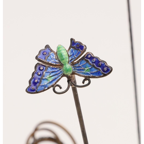 374 - FOUR SILVER & ENAMEL HAT PINS. one in the form of a butterfly, by Charles Horner, Chester 1908, a bi... 