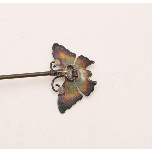 374 - FOUR SILVER & ENAMEL HAT PINS. one in the form of a butterfly, by Charles Horner, Chester 1908, a bi... 