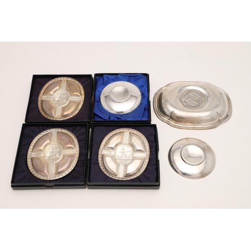 382 - THREE MODERN CASED COMMEMORATIVE BRITANNIA-STANDARD DISHES. made to commemorate the 300th anniversar... 