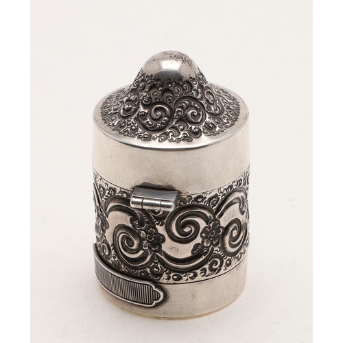 388 - A LATE 19TH/ EARLY 20TH CENTURY NORTH AMERICAN MATCH SAFE/ VESTA BOX. cylindrical form, with embosse... 