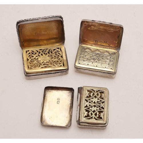 405 - THREE 19TH CENTURY RECTANGULAR VINAIGRETTES. a London-made example, by Joseph Ash, London 1808, one ... 