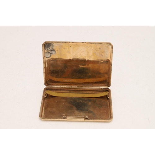 409 - A GEORGE V 9CT. GOLD CIGARETTE CASE. rectangular, with canted corners & engine-turned decoration, th... 