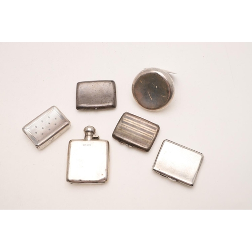 416 - A MIXED LOT. a small spirit flask, inscribed, 2 tobacco boxes (one initialled) and 3 cigarette cases... 