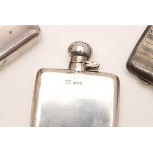 416 - A MIXED LOT. a small spirit flask, inscribed, 2 tobacco boxes (one initialled) and 3 cigarette cases... 