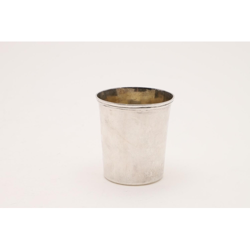 418 - A MIXED LOT:-. a small continental beaker (unmarked), a George II ladle, initialled, a bottle stop w... 