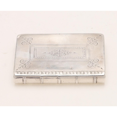 423 - AN 18TH CENTURY SNUFF BOX. in the form of a book, with a concealed hinge and engraved to simulate to... 