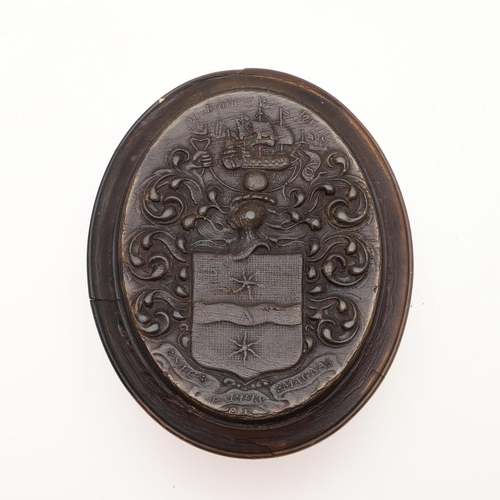 424 - JOHN O'BRISSET. A HORN TOBACCO BOX. the cover embossed with the coat of arms of Sir Francis Drake an... 