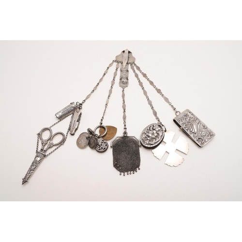 430 - A LATE VICTORIAN CHATELAINE. with five chains and floral scroll decoration, by Lawrence Emmanuel, Bi... 