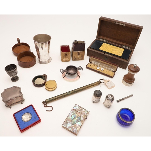 436 - A MIXED LOT:-. a mounted wooden bridge box, a Victorian necessaire & implements, a pocket barometer,... 