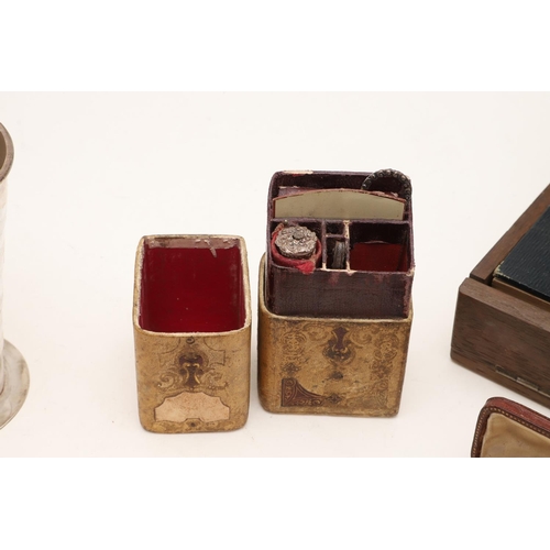 436 - A MIXED LOT:-. a mounted wooden bridge box, a Victorian necessaire & implements, a pocket barometer,... 