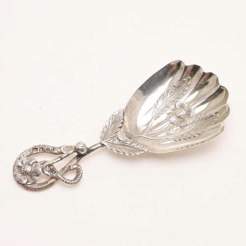 44 - A VICTORIAN CADDY SPOON. with a naturalistic stem and an embossed & fluted bowl, by Hilliard & Thoma... 