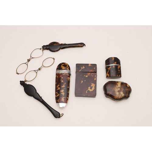 440 - TORTOISESHELL:-. a mounted spectacles case, a card case, a purse, two pairs of lorgnettes (one with ... 