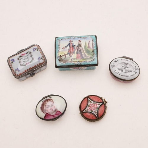 442 - THREE STAFFORDSHIRE ENAMEL BOXES. an oval patch box with portrait and inscribed 