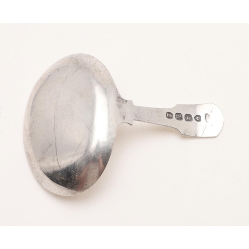 45 - A GEORGE IV CADDY SPOON. with a Fiddle stem and a large oval engraved bowl, initialled, by Francis P... 