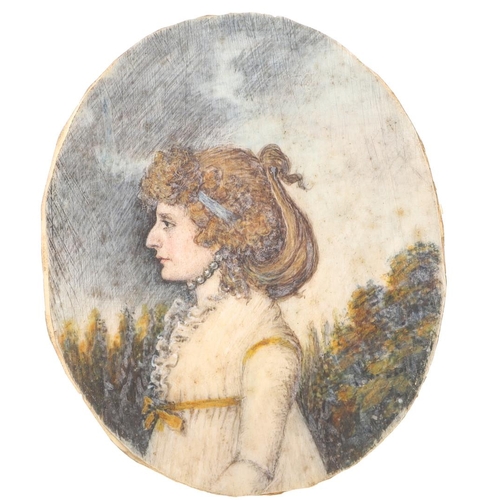 451 - TWO MINIATURE PORTRAITS. early 19th c., a lady wearing white dress with elaborately dressed hair, ha... 