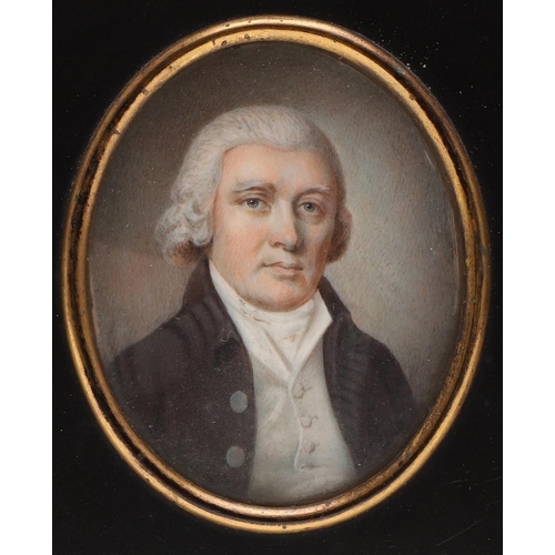 453 - ENGLISH SCHOOL C.1800. portrait of a gentleman wearing a wig, brown coat and white waistcoat, on ivo... 