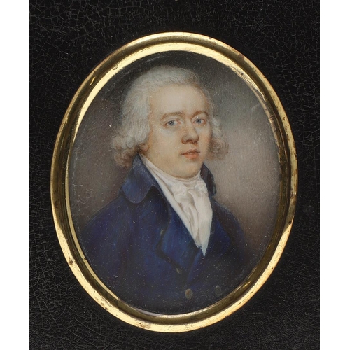 453 - ENGLISH SCHOOL C.1800. portrait of a gentleman wearing a wig, brown coat and white waistcoat, on ivo... 