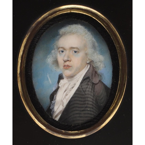 453 - ENGLISH SCHOOL C.1800. portrait of a gentleman wearing a wig, brown coat and white waistcoat, on ivo... 