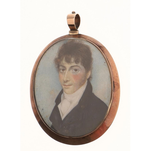 460 - ENGLISH SCHOOL. Miniature portrait of a young man wearing blue jacket and white stock on ivory, 5.5 ... 