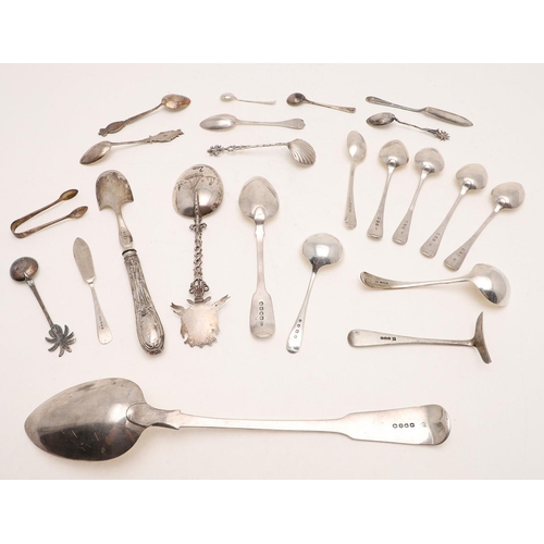 50 - A GEORGE III FIDDLE PATTERN SERVING SPOON. by Thomas Dicks, London 1807, together with 7 teaspoons, ... 