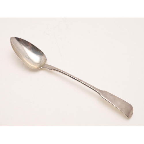 50 - A GEORGE III FIDDLE PATTERN SERVING SPOON. by Thomas Dicks, London 1807, together with 7 teaspoons, ... 